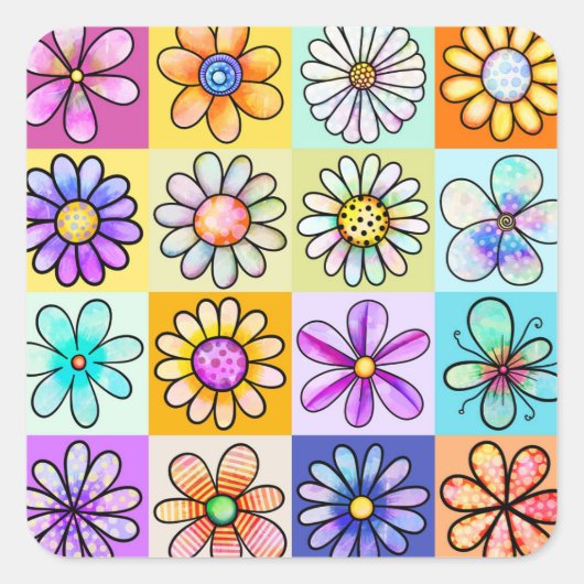 Waterverf Floral Daisy Doodle Tile Background Vierkante Sticker (Voorkant)