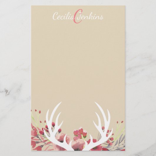 Waterverf Floral Deer Antlers & Name Briefpapier (Voorkant)
