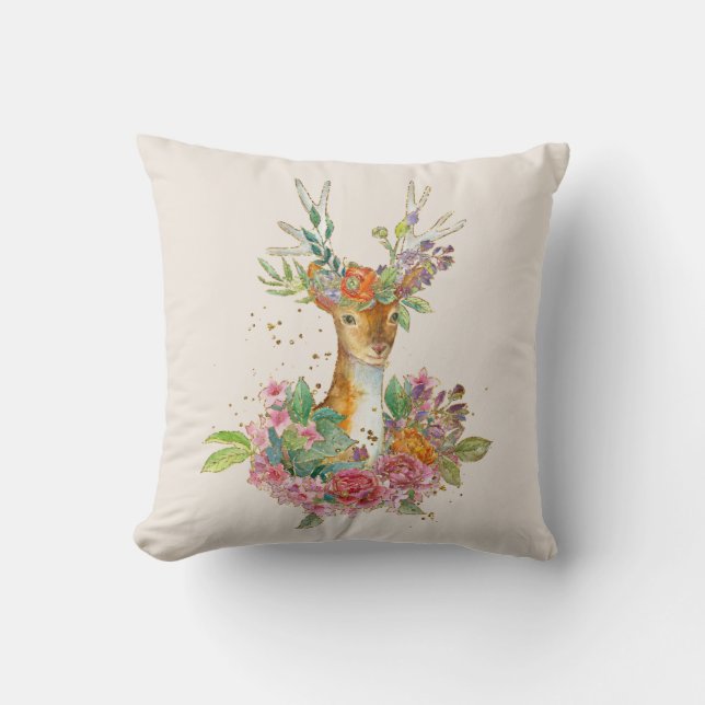 Waterverf Floral Deer Pillow Kussen (Voorkant)
