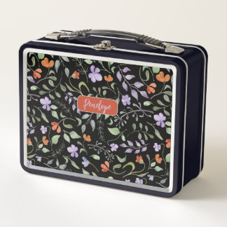 Waterverf Floral Design on Black Metal Lunchbox