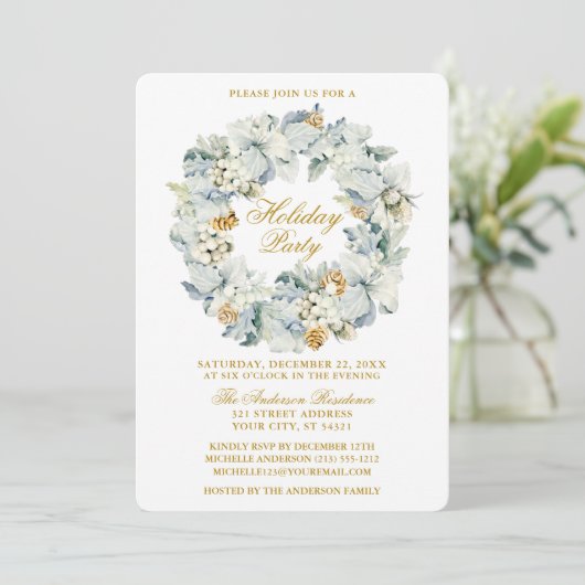 Waterverf Floral Dusty Blue Gold Holiday Partij Kaart (Staand voorkant)