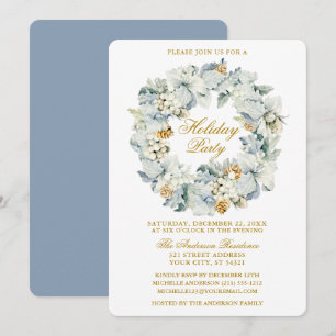 Waterverf Floral Dusty Blue Gold Holiday Partij Kaart