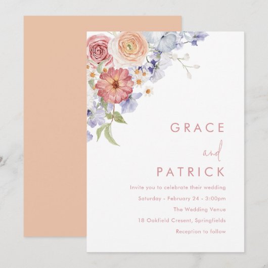 Waterverf Floral Dusty Blue & Peach Wedding Kaart (Voorkant / Achterkant)
