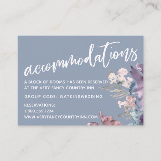 Waterverf Floral Dusty Blue Wedding Accommodatie Informatiekaartje (Voorkant)