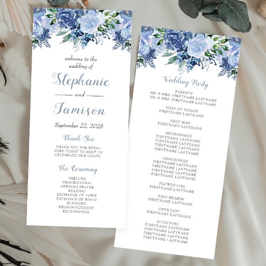 Waterverf Floral Dusty Blue Wedding Programma
