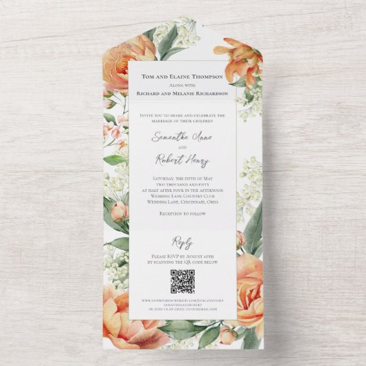 Waterverf Floral Elegante Trouwperzik All In One Uitnodiging (Binnen)