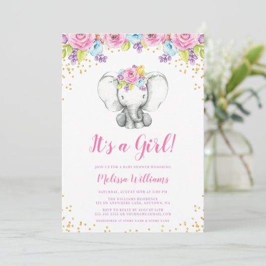 Waterverf Floral Elephant Baby Shower Invitations Kaart (Staand voorkant)