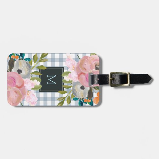 Waterverf Floral en Blue Gingham met Monogram Bagagelabel (Voorkant horizontaal)