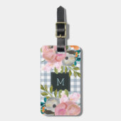 Waterverf Floral en Blue Gingham met Monogram Bagagelabel (Voorkant verticaal)