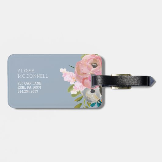 Waterverf Floral en Blue Gingham met Monogram Bagagelabel (Achterkant horizontaal)