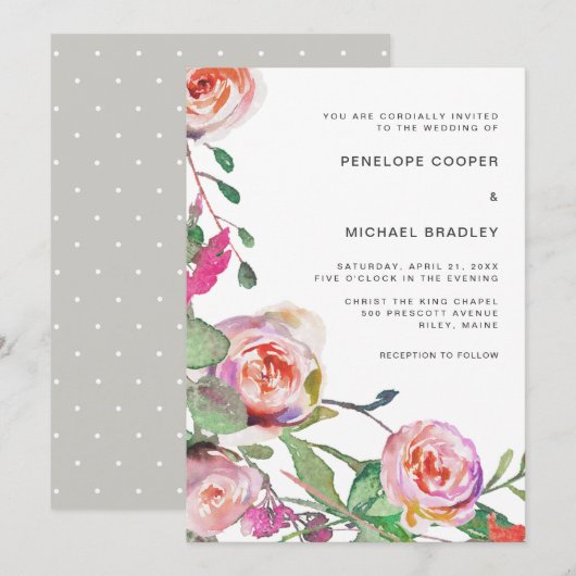 Waterverf Floral en Stippen bruiloft Kaart (Voorkant / Achterkant)