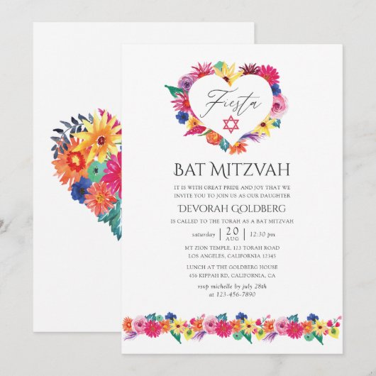 Waterverf Floral Fiesta Bat Mitzvah Kaart (Voorkant / Achterkant)