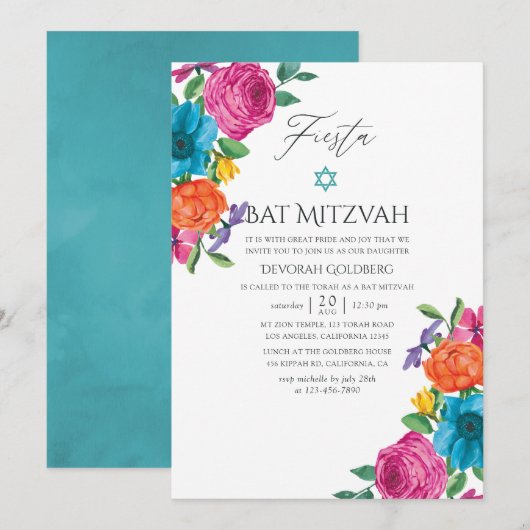 Waterverf Floral Fiesta Bat Mitzvah Kaart (Voorkant / Achterkant)
