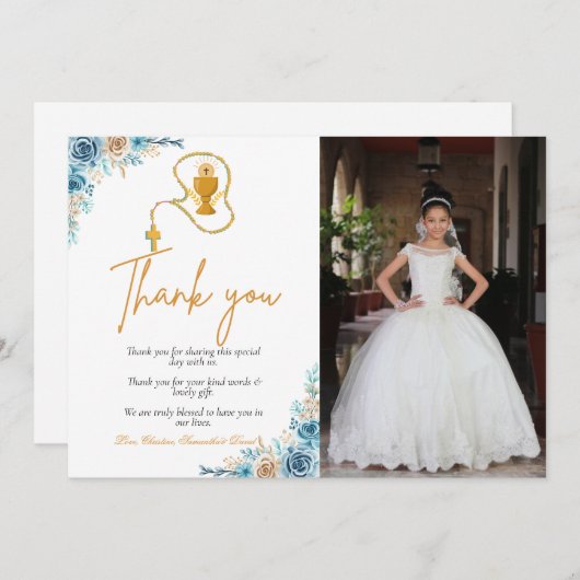 Waterverf floral first holy commune bedankt u kaart (Voorkant / Achterkant)