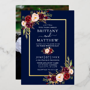 Waterverf Floral Foto Blue Gold Folie Uitnodiging