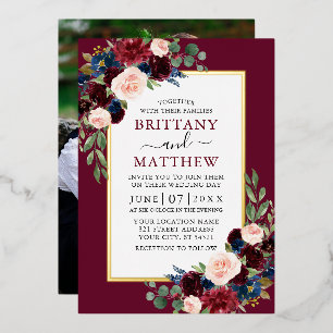 Waterverf Floral Foto Burgundy Wedding Gold Folie Uitnodiging