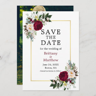 Waterverf Floral Foto Gold Burgundy Save The Date