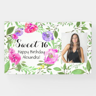 Waterverf Floral Foto Sweet 16 Birthday Party Spandoek