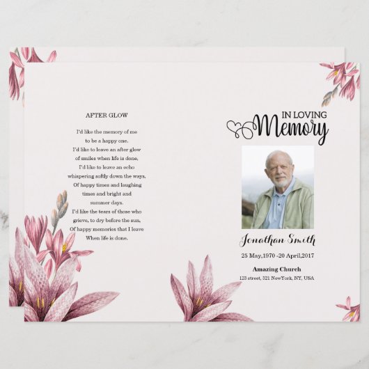 Waterverf floral Funeral Program sjabloon (Voorkant / Achterkant)