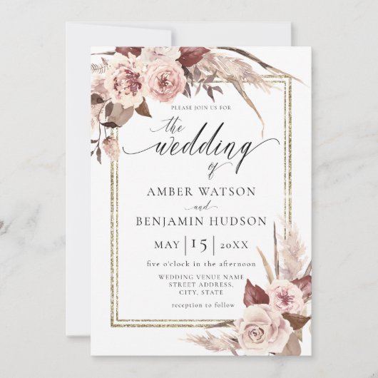 Waterverf Floral Gold Foil Pampas Boho Wedding Kaart (Voorkant)