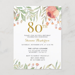 Waterverf Floral Gold Glitter 80th Birthday Party Uitnodiging Briefkaart
