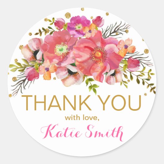 Waterverf Floral Gold Glitter Bedankt Label (Voorkant)