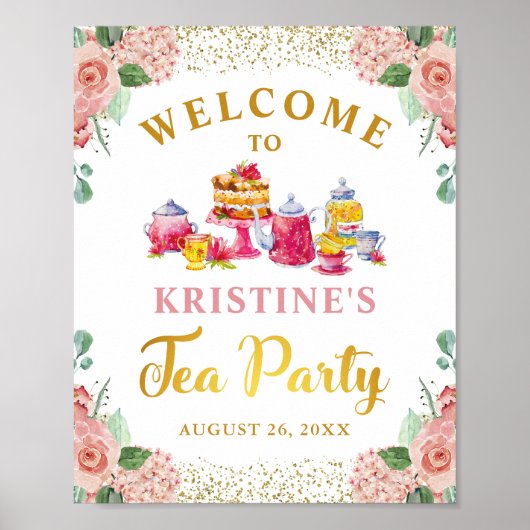 Waterverf Floral Gold Glitter Tea Party Welkom Poster (Voorkant)