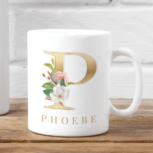 Waterverf Floral & Gold Letter P Monogram Koffiemok