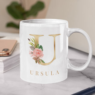 Waterverf Floral & Gold Letter U Monogram Koffiemok