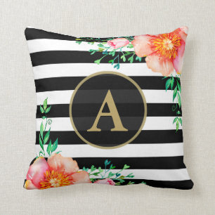 Waterverf Floral Gold Monogram Black White Stripe Kussen