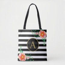 Waterverf Floral Gold Monogram Black White Stripe