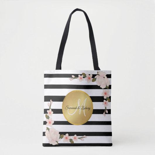Waterverf Floral Gold Monogram Black Witte streep Draagtas (Voorkant)