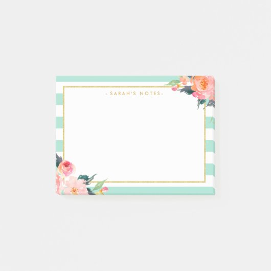 Waterverf Floral Goud Lijst Mint Groene Strepen Post-it® Notes (Voorkant)