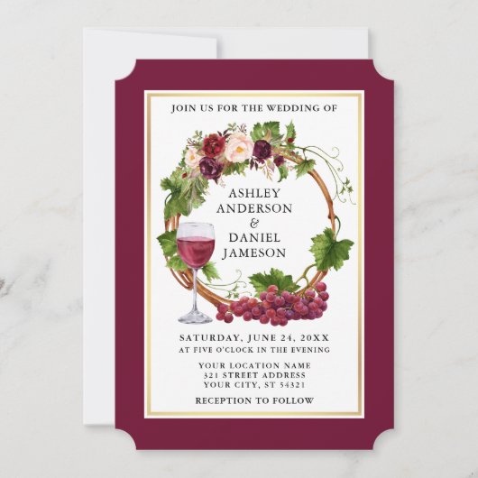 Waterverf Floral Grapes Wreath Burgundy Wedding Kaart (Voorkant)