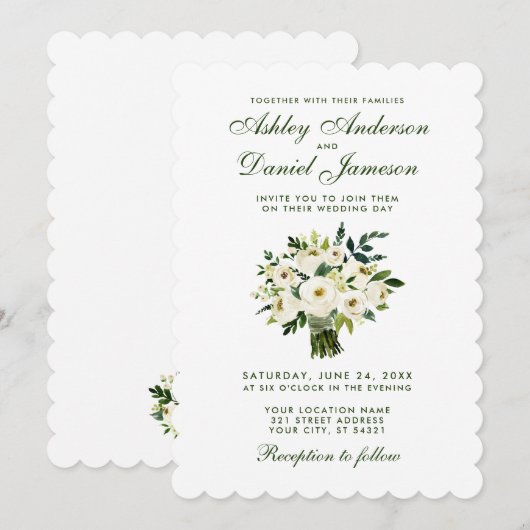 Waterverf Floral Green en White Wedding Bouquet Kaart (Voorkant / Achterkant)