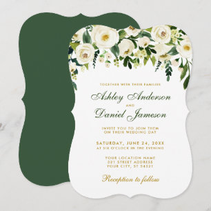 Waterverf Floral Green Gold Wedding Invitation GB Kaart