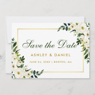 Waterverf Floral Green White bewaart de datum Gold Save The Date