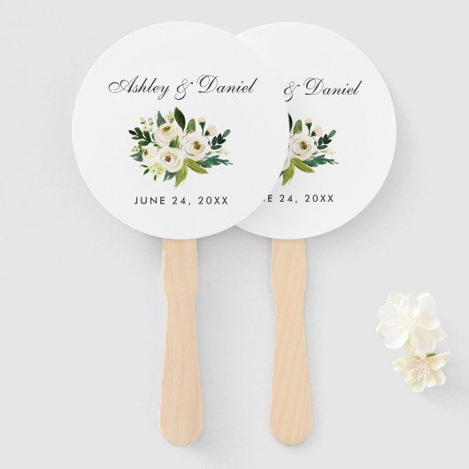 Waterverf Floral Green White Wedding Handwaaier (Voorkant en achterkant)