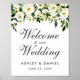 Waterverf Floral Green White Wedding Welkom Poster