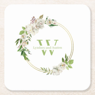 Waterverf Floral Greenery Wreath Monogram Wedding Vierkante Kartonnen Onderzetter