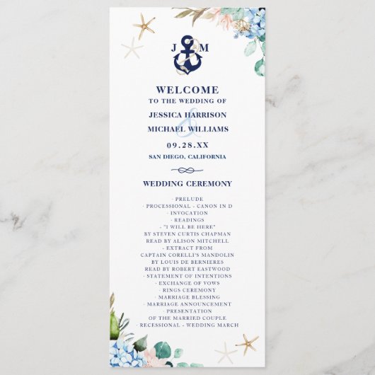 Waterverf Floral Hydrangea Anchor Beach Wedding Programma (Voorkant)