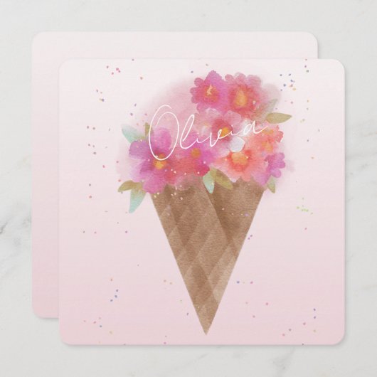 Waterverf Floral Ice Cream Cone met naam Notitiekaartje (Voorkant / Achterkant)