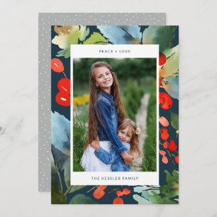 Waterverf Floral kerststijlvolle foto Blauw Feestdagenkaart