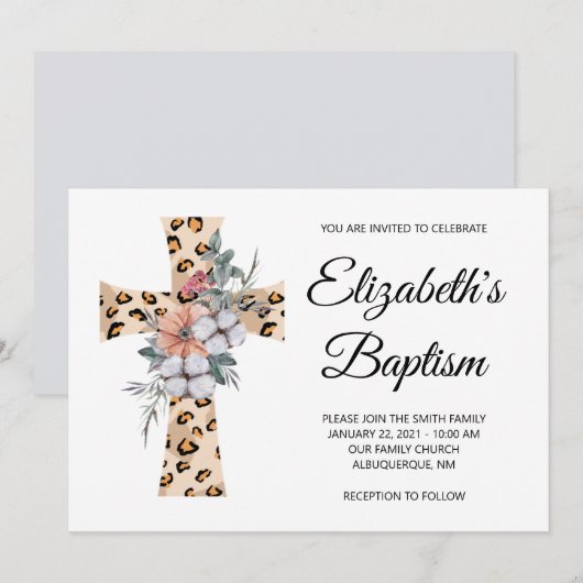 Waterverf Floral Leopard Cross Gray Baptisme Kaart (Voorkant / Achterkant)