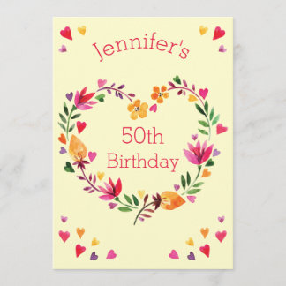 Waterverf Floral Love Heart Wreath 50th Birthday Kaart