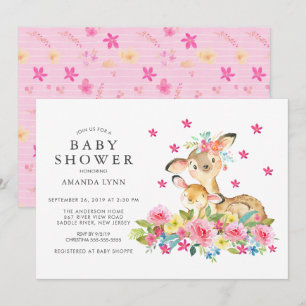 Waterverf Floral Ma & Baby Deer Baby Girl Shower Kaart