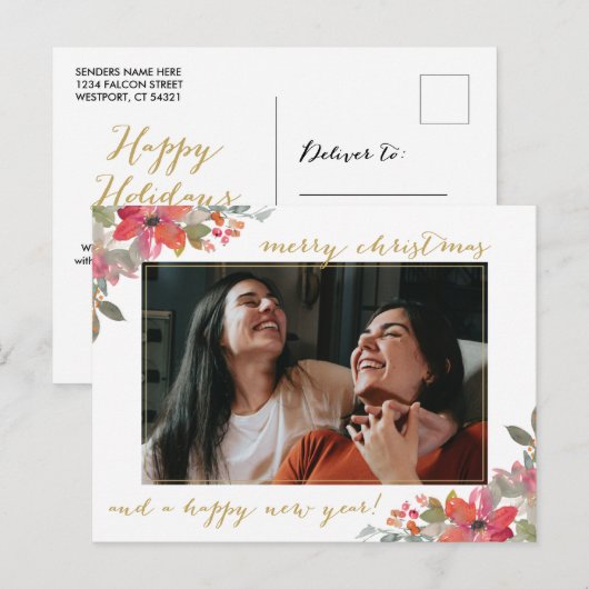 Waterverf Floral met Kerstmis Briefkaart (Voorkant / Achterkant)