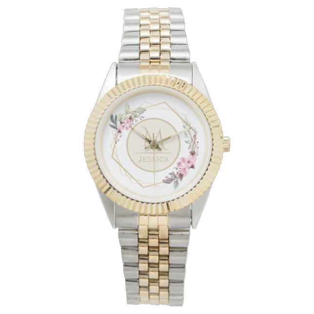  Waterverf Floral Modern Geometrisch Monogram Horloge (Voorkant)
