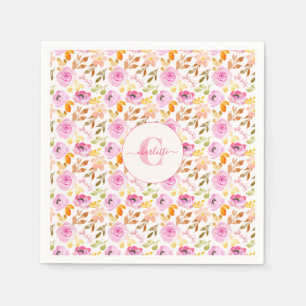 Waterverf Floral Monogram en naam zomerroze Servet