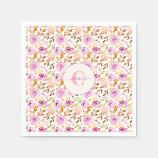 Waterverf Floral Monogram en naam zomerroze Servet (Voorkant)